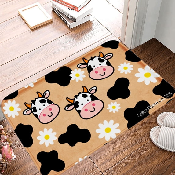 FJPT Non Slip Flannel Polyester Floor Mat With Cute Cow And Daisy Pattern For Bathroom Kitchen Bedroom Decor 16x24 inch