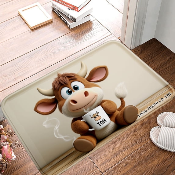 FJPT Non Slip Flannel Polyester Floor Mat With Cute Cow Design For Bathroom Kitchen Bedroom Decor 16x24 inch