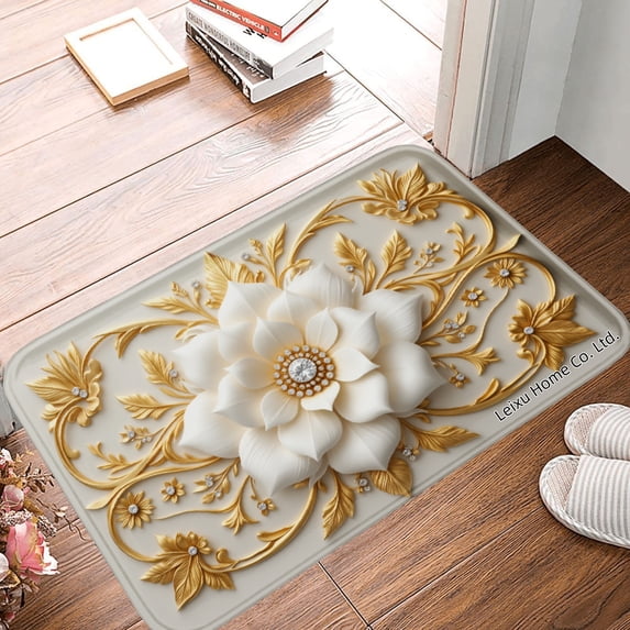 FJPT Non Slip Flannel Polyester Floor Mat With Elegant Flower Design For Bathroom Kitchen Bedroom Decor 31.5x19.7 inch