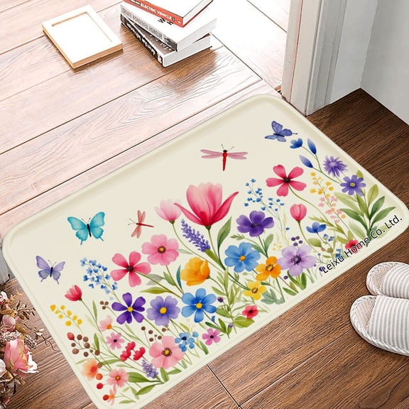 FJPT Non Slip Flannel Polyester Floor Mat With Floral Butterfly Design For Bathroom Kitchen Bedroom Decor 31.5x19.7 inch