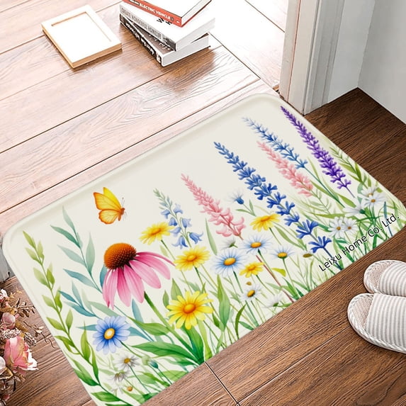 FJPT Non Slip Flannel Polyester Floor Mat With Floral Design For Bathroom Kitchen Bedroom Decor 16x24 inch
