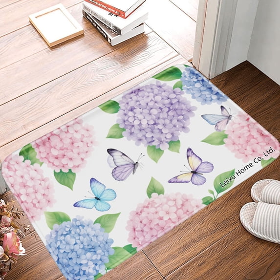 FJPT Non Slip Flannel Polyester Floor Mat With Floral Hydrangea And Butterfly Design For Bathroom Kitchen Bedroom Decor 16x24 inch