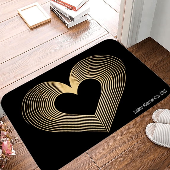 FJPT Non Slip Flannel Polyester Floor Mat With Gold Heart Design For Bathroom Kitchen Bedroom Decor 31.5x19.7 inch