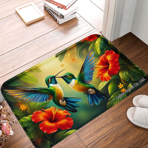 FJPT Non Slip Flannel Polyester Floor Mat With Hummingbirds And Flowers For Bathroom Kitchen Bedroom Decor 31.5x19.7 inch