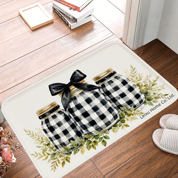 FJPT Non Slip Flannel Polyester Floor Mat With Jar And Checkered Pattern For Bathroom Kitchen Bedroom Decor 16x24 inch