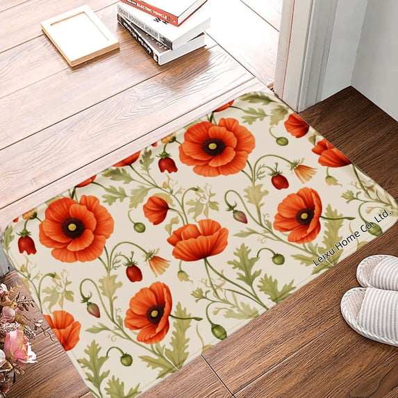 FJPT Non Slip Flannel Polyester Floor Mat With Poppy Flower Design For Bathroom Kitchen Bedroom Decor 16x24 inch