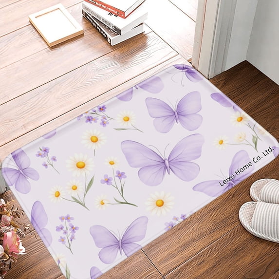 FJPT Non Slip Flannel Polyester Floor Mat With Purple Butterflies And Flowers Design For Bathroom Kitchen Bedroom Decor 16x24 inch
