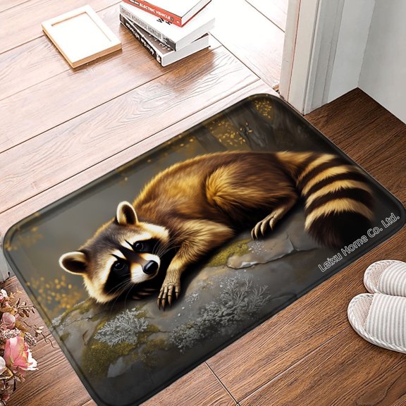 FJPT Non Slip Flannel Polyester Floor Mat With Raccoon Design For Bathroom Kitchen Bedroom Decor 16x24 inch