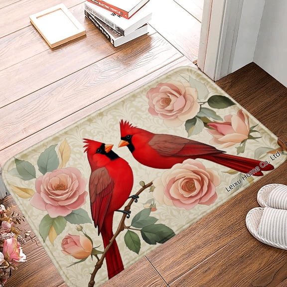 FJPT Non Slip Flannel Polyester Floor Mat With Red Cardinals And Roses Design For Bathroom Kitchen Bedroom Decor 16x24 inch