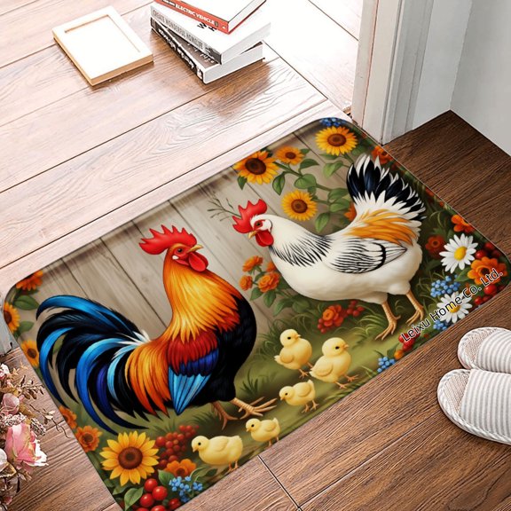 FJPT Non Slip Flannel Polyester Floor Mat With Rooster And Chicken Design For Bathroom Kitchen Bedroom Decor 31.5x19.7 inch