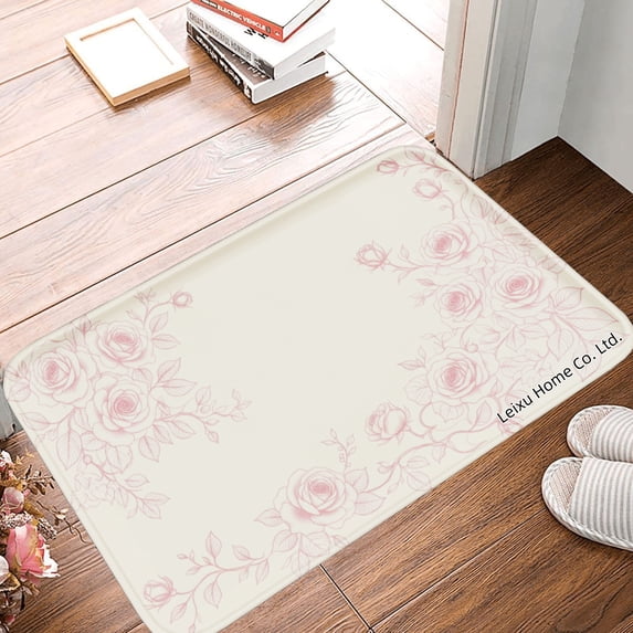 FJPT Non Slip Flannel Polyester Floor Mat With Rose Pattern For Bathroom Kitchen Bedroom Decor 16x24 inch