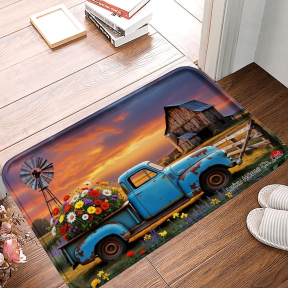 FJPT Non Slip Flannel Polyester Floor Mat With Rustic Truck And Flowers Design For Bathroom Kitchen Bedroom Decor 16x24 inch