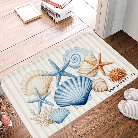FJPT Non Slip Flannel Polyester Floor Mat With Seashell And Starfish Design For Bathroom Kitchen Bedroom Decor 16x24 inch