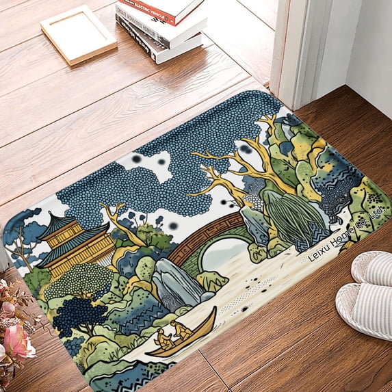 FJPT Non Slip Flannel Polyester Floor Mat With Traditional Chinese Landscape Design For Bathroom Kitchen Bedroom Decor 16x24 inch