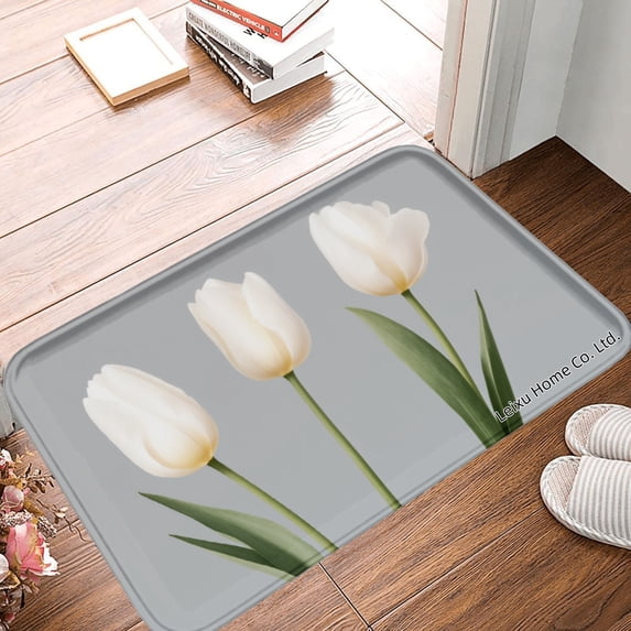 FJPT Non Slip Flannel Polyester Floor Mat With Tulip Design For Bathroom Kitchen Bedroom Decor 16x24 inch