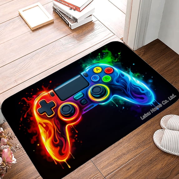 FJPT Non Slip Flannel Polyester Floor Mat With Vibrant Game Controller Design In Fire And Ice Theme For Bathroom Kitchen Bedroom Decor 16x24 inch
