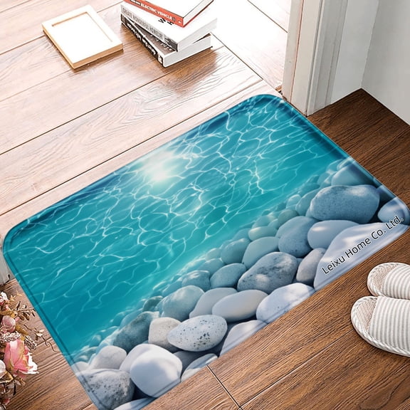 FJPT Non Slip Flannel Polyester Floor Mat With Water And Stones Design For Bathroom Kitchen Bedroom Decor 16x24 inch