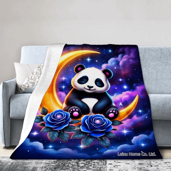 FJPT Panda On Moon With Blue Roses Fantasy Design Flannel Blanket For Winter Gift Home Sofa Bed Decoration 60x80 inch