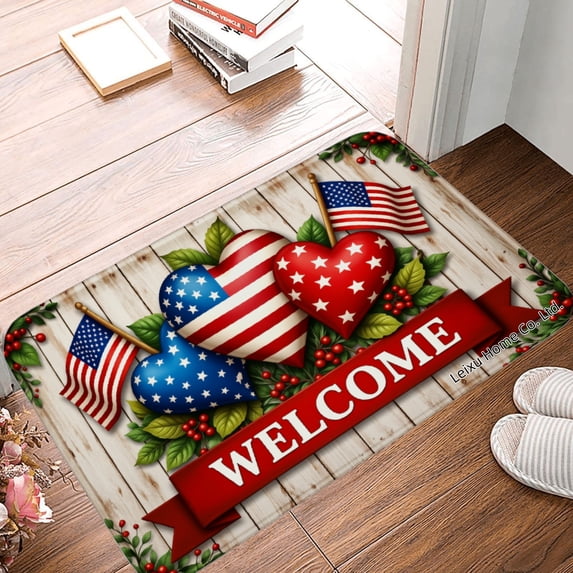 FJPT Patriotic Welcome Heart Flag Floor Mat For Bathroom Kitchen Bedroom Decor 31.5x19.7 inch