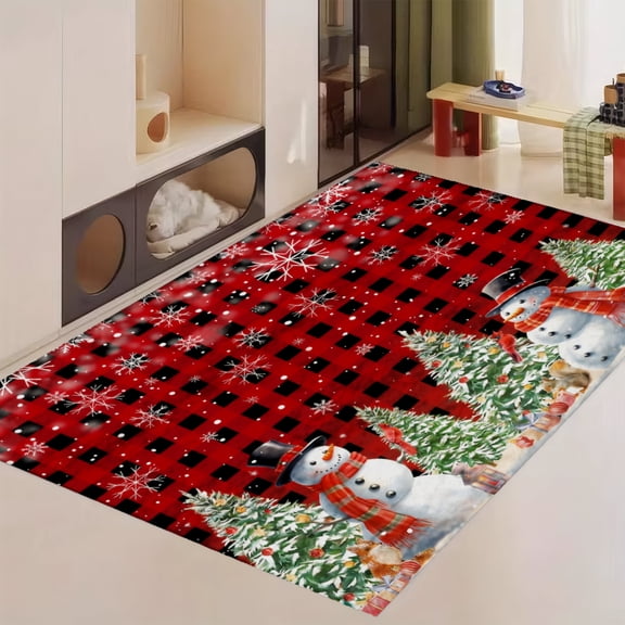 FJPT Red Black Checkered Snowman Pattern Soft Small Area Rugs Non Slip Indoor Floor Carpet for Living Room Bedroom Decor