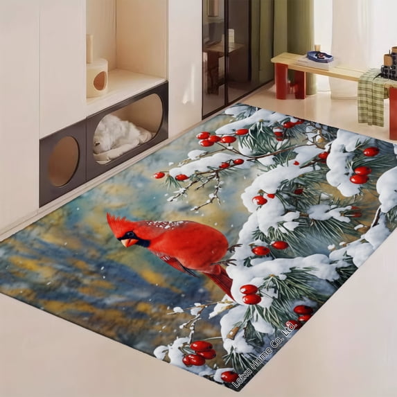 FJPT Soft Small Area Rugs Non Slip Indoor Floor Carpet Cardinal Bird Winter Scene With Snow And Berries For Living Room Bedroom Decor 78.7x55.1 inch
