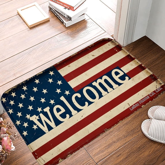 FJPT Welcome American Flag Non Slip Flannel Polyester Floor Mat For Bathroom Kitchen Bedroom Decor 16x24 inch