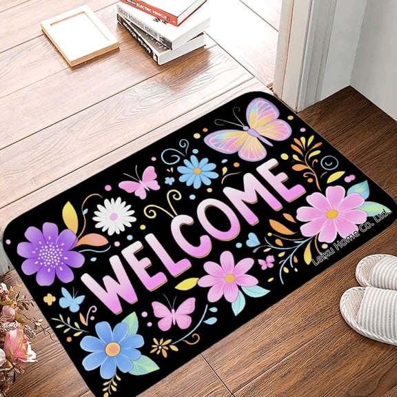 FJPT Welcome Floral Butterfly Non Slip Flannel Polyester Floor Mat For Bathroom Kitchen Bedroom Decor 16x24 inch