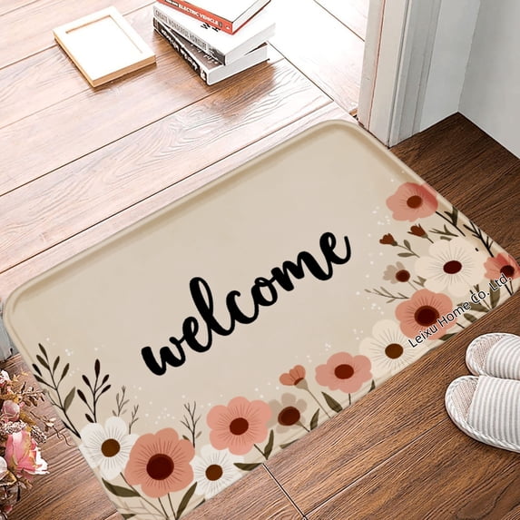 FJPT Welcome Floral Non Slip Flannel Polyester Floor Mat For Bathroom Kitchen Bedroom Decor 16x24 inch