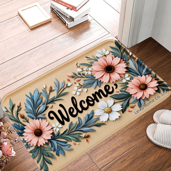 FJPT Welcome Floral Non Slip Flannel Polyester Floor Mat For Bathroom Kitchen Bedroom Decor 31.5x19.7 inch