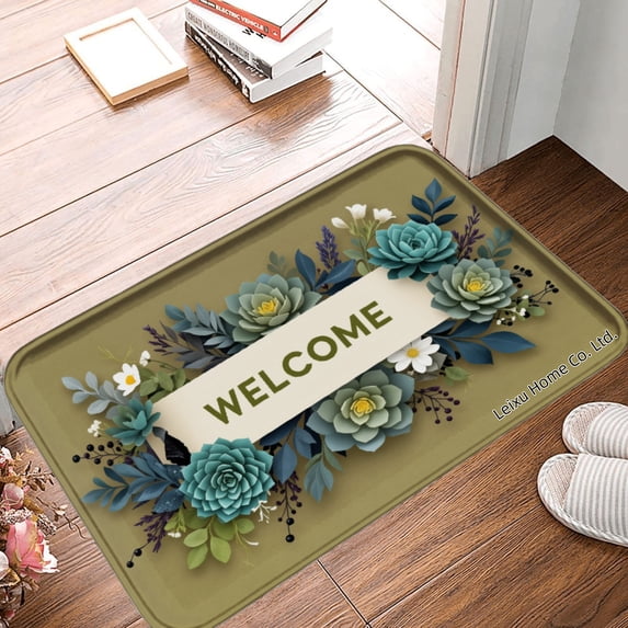 FJPT Welcome Floral Non Slip Flannel Polyester Floor Mat For Bathroom Kitchen Bedroom Decor 31.5x19.7 inch