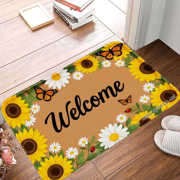 FJPT Welcome Sunflower Butterfly Non Slip Flannel Polyester Floor Mat For Bathroom Kitchen Bedroom Decor 16x24 inch