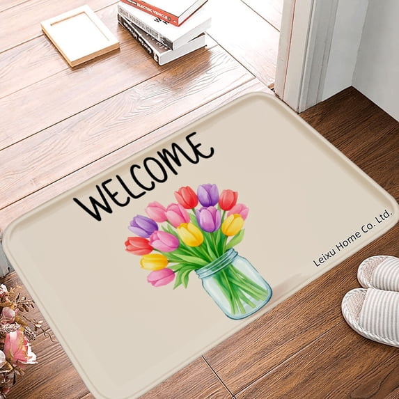 FJPT Welcome Tulip Flower Non Slip Flannel Polyester Floor Mat For Bathroom Kitchen Bedroom Decor 31.5x19.7 inch