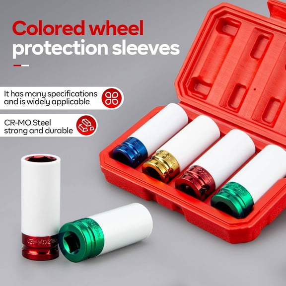 FJSHN-1/2" Drive Wheel Protector Impact Socket, 5pcs Thin Wall Deep Impact Socket Set, Durable Plastic Sleeve Lug Nut Socket, 6 Point, Metric, Color-Coded,15 17 19 21 22mm
