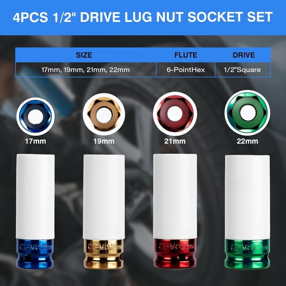 FJSHN-1/2" Drive Wheel Protector Impact Socket, Non-Marring Lug Nut Thin Wall Deep Socket Set, CR-MO, 6 Point, Color-Coded Protective Socket | Metric 17 19 21 22 mm (4 PCS)