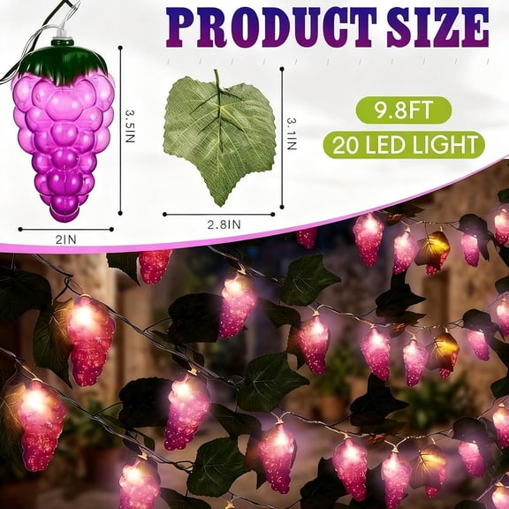 FJSHN-1 Pcs 3D LED Grape String Lights Battery Operated Summer Fruit Light String 9.8ft 20leds Grape Bulbs with Branches Leaves Spring Fairy Lights for Kitchen, Wine Cabinet, Home Decoration