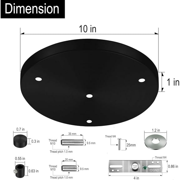 FJSHN-10 Inches Light Canopy Kit, Heavy Duty Replacement Ceiling Cover Plate & Mounting Hardware for 3-Light Cluster Pendant Lighting Fixture (Black)