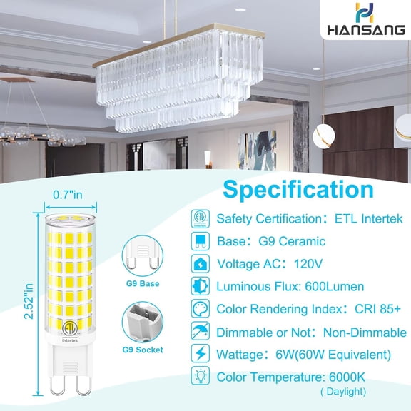 FJSHN-10 Pack G9 LED Bulb 6W (60W Halogen Replacement) 6000K Daylight T4 Chandelier Light Bulbs, Hansnag G9 Bi Pin Ceramic Base 600LM, AC120V 360Beam Angle for Home Lighting, Non-Dimmable