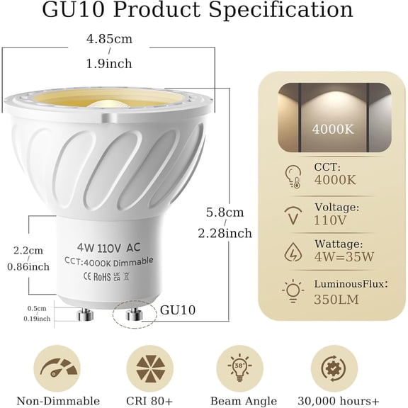 FJSHN-10 Pack GU10 LED Bulb, 4000K Natural White, 350LM, 4W (35W Halogen Equivalent), Non-Dimmable MR16 GU10 Replacement Bulbs for Recessed Track Lighting, Kitchen, Range Hood, Living Room, Bedroom