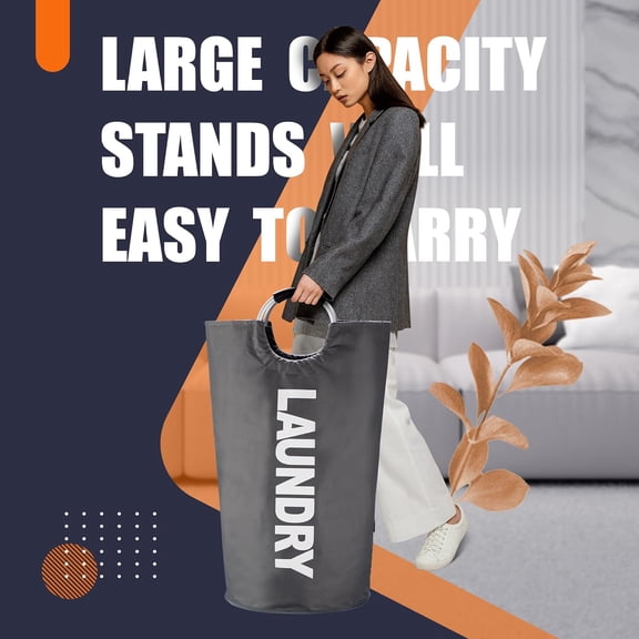FJSHN-100L Laundry Basket,Large Laundry Hamper, Laundry Bag with Padded Handles, Clothes Hamper Stands Up Well, Collapsible Free Standing Easy Storage Washing Bin (Dark Grey,100L)