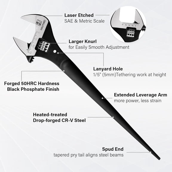 FJSHN-10inch Adjustable Spud Wrench, Wide Jaw Up to 1-3/16"(30mm), Adjustable Spud Wrenches with Tail Pry Bar Features, Black Oxide Finish, Forged CR-V Steel Metric & SAE Scales with Tether Hole