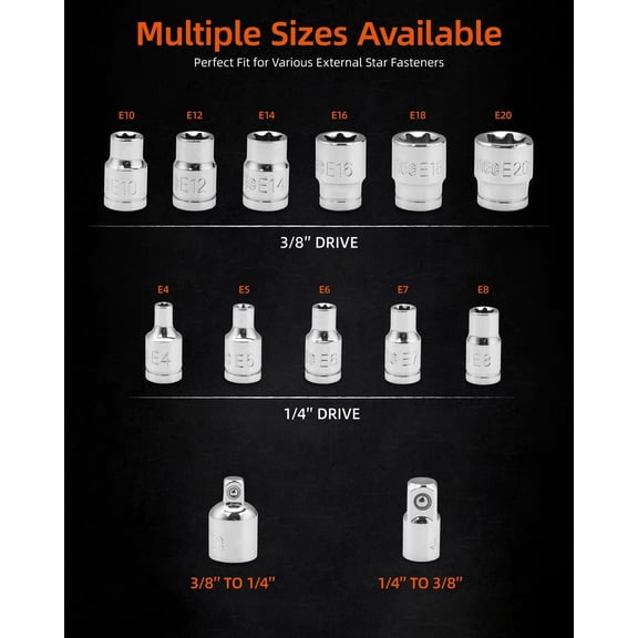 FJSHN-13-Piece E-Torx Socket Set with 6-Point Star Design - E4 to E20 Sizes, 1/4 & 3/8 Drive, Hardened CR-V Steel, Impact Wrench Compatible, Sturdy Molded Case