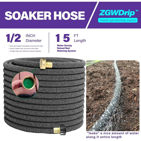 FJSHN-15FT 1/2" Water-Saving Soaker Hose with Solid Brass Connectors, Drip Irrigation Kit for Lawn & Yard