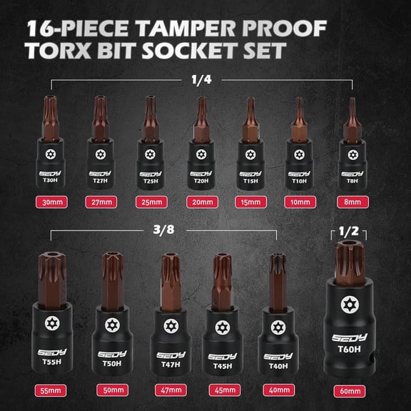 FJSHN-16 - Piece Tamper Proof Torx Star Bit Socket Set  T8-T60, 1/4", 3/8", 1/2" Drive with Magnetic Organizer, Includes Adapters for Garage & Workshop Use