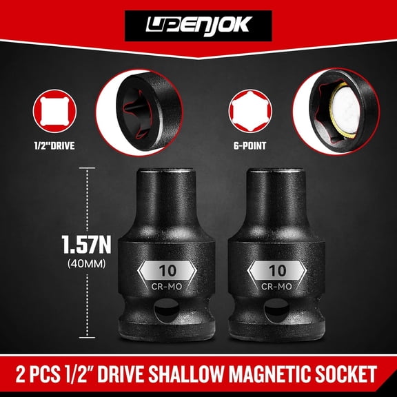 FJSHN-2-Pack 1/2 Drive Magnetic 10mm Impact Socket Set, Shallow, CR-MO Steel, 6-Point, for Impact Wrench