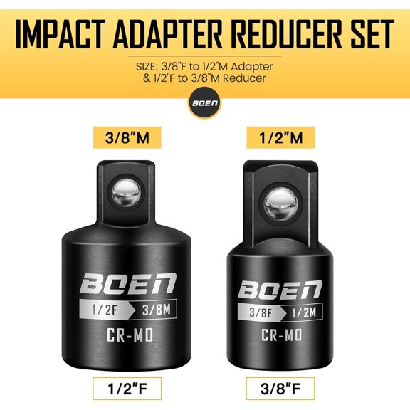 FJSHN-2-Pieces Impact Socket Adapter and Reducer Set, 3/8"F to 1/2"M Adapter & 1/2"F to 3/8"M Reducer, Standard Square Driver & Wrench Conversion Kit, CR-MO Steel