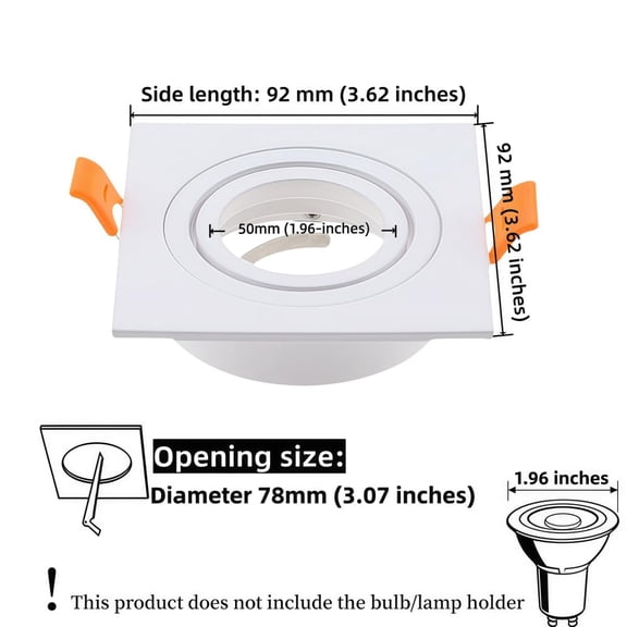 FJSHN-2 pcs White Square Embedded LED Spotlight Frame, lamp housing Side Length: 3.62 inches, Opening Diameter Size: 3.07 inches, Angle Adjustable GU10 Downlight housing (excluding Bulb)