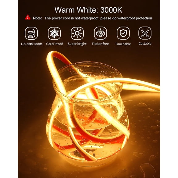 FJSHN-24V Warm White COB LED Strip 3000K Waterproof IP68 Bright LED Rope Lights Outdoor 16.4ft CRI>90 1200LEDs for Bedroom Home Garden Patio Lighting(Power Supply Needs to be Purchased Separately)