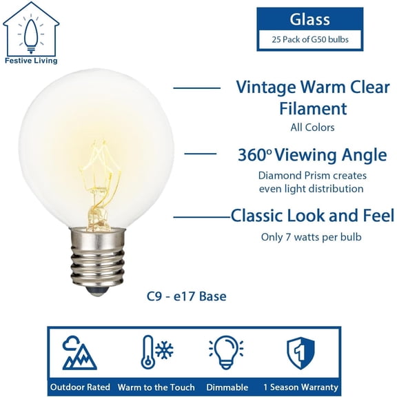 FJSHN-25 Pack G50 Vintage Clear 7 Watt Bulbs 130V Incandescent Replacement Bulbs for C9/E17 Intermediate Base, Long Life 3000 Hour Globe Bulbs, Indoor/Outdoor Use