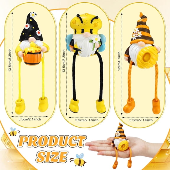 FJSHN-3 Pcs Bee Gnomes Decorations with Dangling Legs, Spring Honey Shelf Sitters, World Bee Day Decor Figurines for Home Kitchen Porch, Gifts for Mom Women