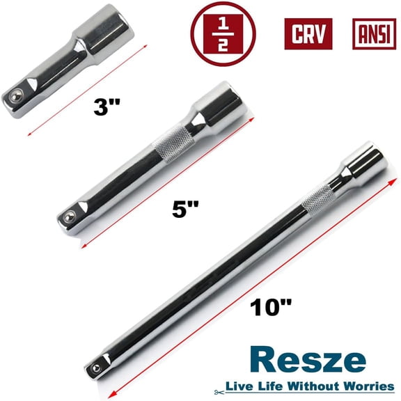 FJSHN-3 Pcs Socket Extension Set, 1/2" Drive Impact Extension Bar Set, 3"(76mm), 5"(127mm), 10"(254mm) Ratchet Extensions Set, Premium Chrome Vanadium Steel, Professional Socket AccessoriesSilver